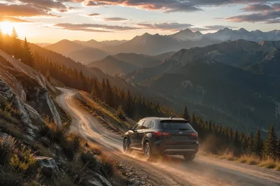 SUV Adventure on Mountain Road at Golden Hour