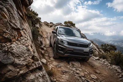 Rugged SUV Descending Rocky Mountain Trail