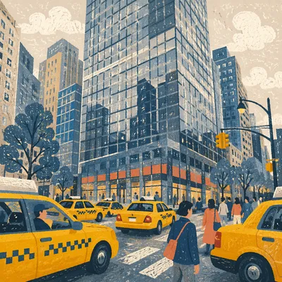 Yellow Taxi Cabs on Downtown Street