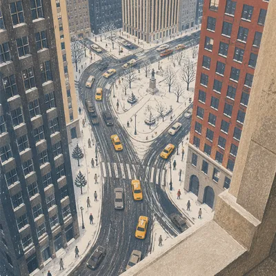 Yellow Taxis on Snowy Downtown Street