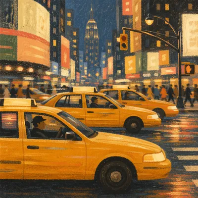 Yellow Taxi Cabs on Downtown Night Street