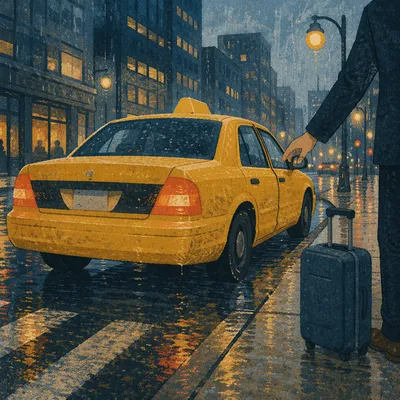 Yellow Taxi at Rainy Downtown Curb