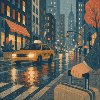 Yellow Taxi Arrival on Rainy Downtown Street