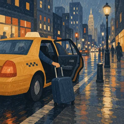 Yellow Taxi Arrival on Rainy Downtown Street