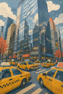 Yellow Taxi Cabs on Downtown Street