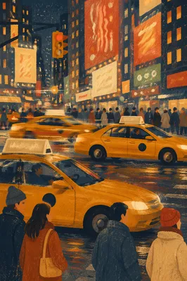 Yellow Taxi Cabs on Downtown Night Street