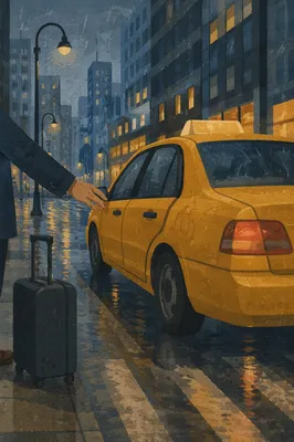 Rainy Downtown Yellow Taxi at Blue Hour