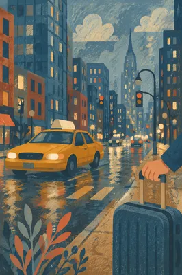 Yellow Taxi Arrival on Rainy Downtown Street
