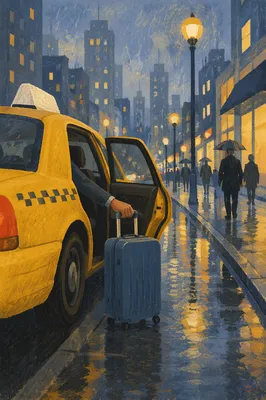 Yellow Taxi Arrival on Rainy Downtown Street