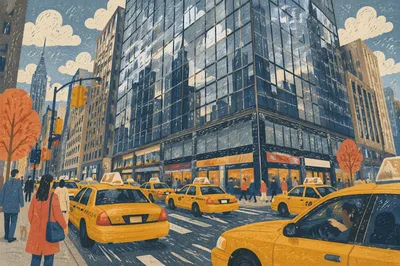 Yellow Taxi Cabs on Downtown Street