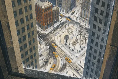 Yellow Taxis on Snowy Downtown Street