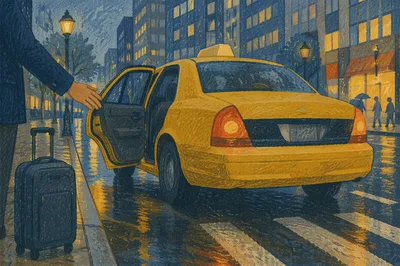 Yellow Taxi at Rainy Downtown Curb