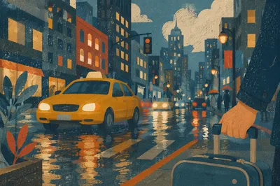 Yellow Taxi Arrival on Rainy Downtown Street