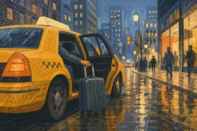 Yellow Taxi Arrival on Rainy Downtown Street