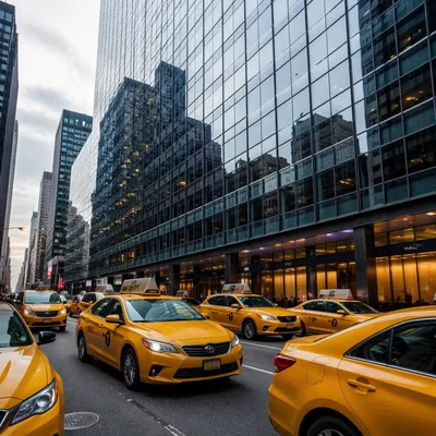 Yellow Taxi Cabs on Downtown Street