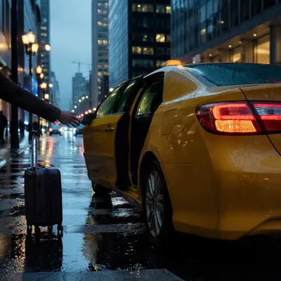 Yellow Taxi at Rainy Downtown Curb