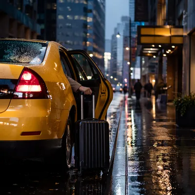 Yellow Taxi Arrival on Rainy Downtown Street