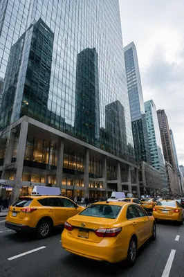 Yellow Taxi Cabs on Downtown Street