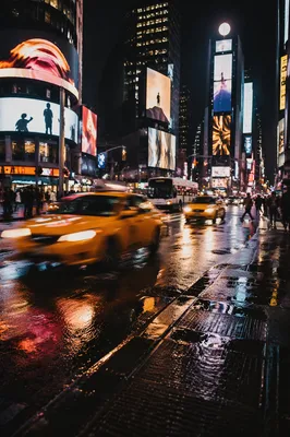 Rainy Night Yellow Taxis Downtown