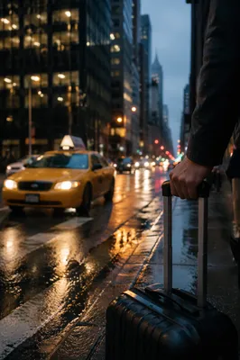 Yellow Taxi Arrival on Rainy Downtown Street