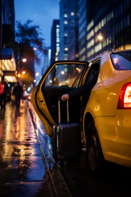 Yellow Taxi Arrival on Rainy Downtown Street