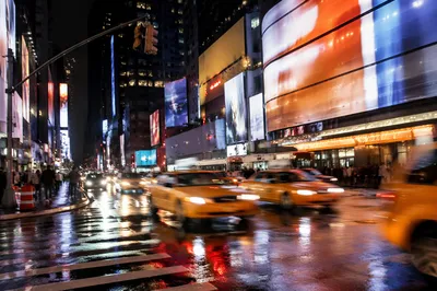 Rainy Night Yellow Taxis Downtown