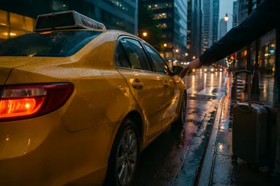 Yellow Taxi at Rainy Downtown Curb