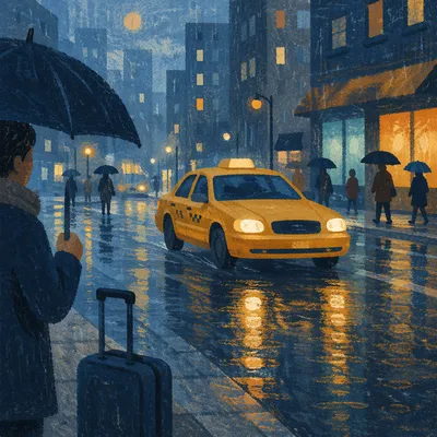 Yellow Taxi Arrival on Rainy City Street
