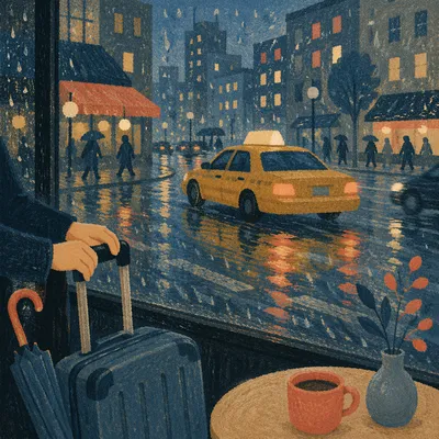 Yellow Taxi in Rainy City Twilight
