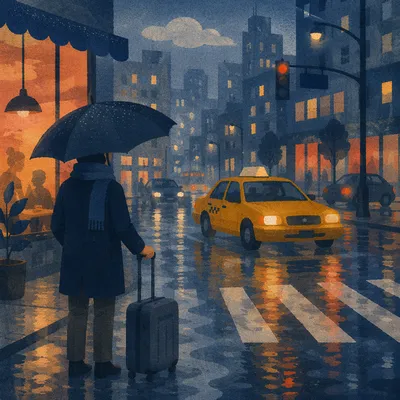 Yellow Taxi in Rainy Blue Hour