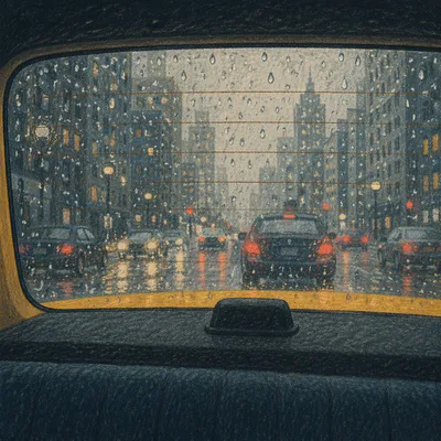 Rainy Yellow Taxi View Through City Window