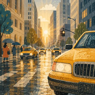 Rainy City Street with Yellow Taxi