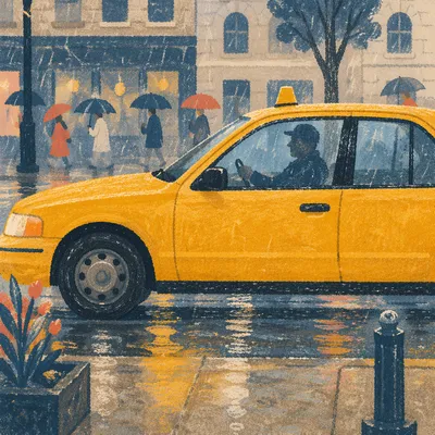 Yellow Taxi on Rainy City Street