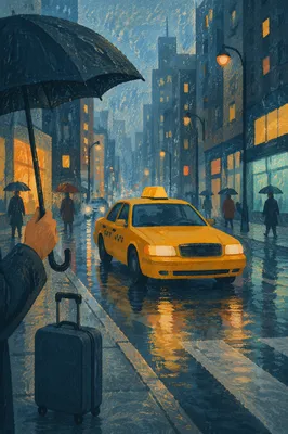 Yellow Taxi Arrival on Rainy City Street