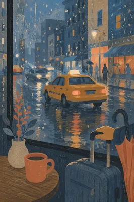 Yellow Taxi in Rainy Blue Hour