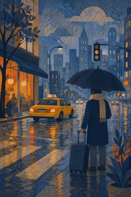 Yellow Taxi in Rainy Blue Hour