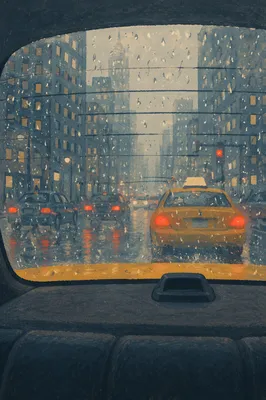 Rainy City View From Yellow Taxi