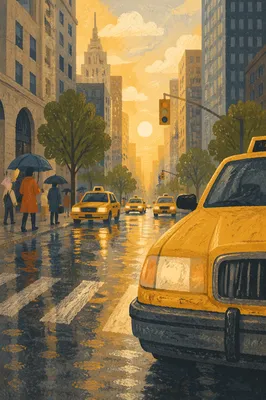 Rainy City Street with Yellow Taxi