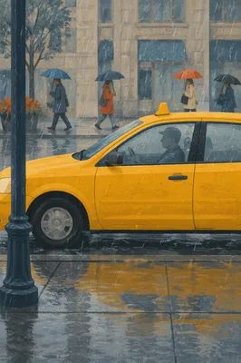 Yellow Taxi on Rainy City Street
