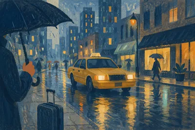 Yellow Taxi in Rainy City Arrival