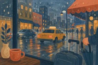 Yellow Taxi in Rainy City Twilight