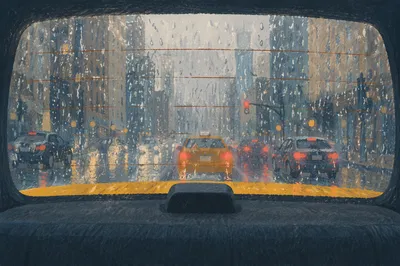 Rainy Yellow Taxi Window City View