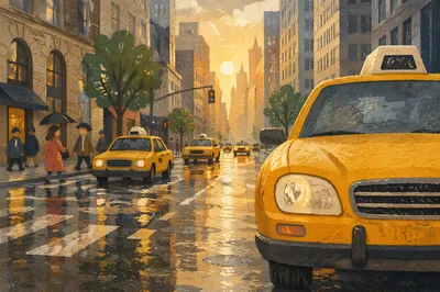 Yellow Taxi on Rainy City Street