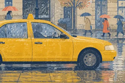Yellow Taxi on Rainy City Street