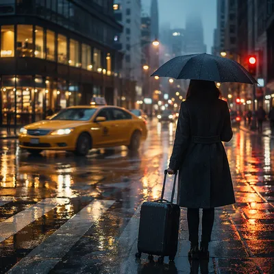 Yellow Taxi in Rainy Blue Hour
