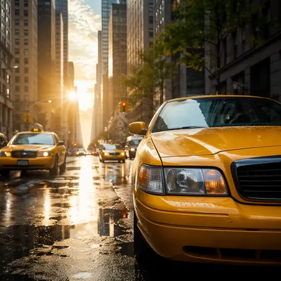 Yellow Taxi on Rainy Downtown Street