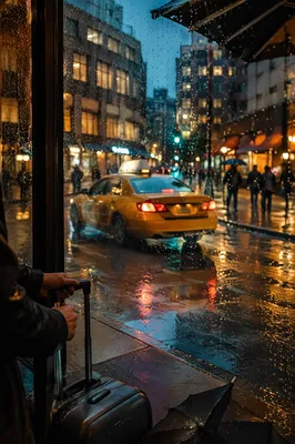 Yellow Taxi in Rainy Blue Hour