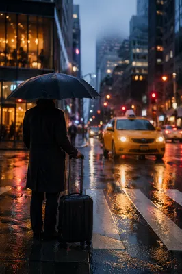 Yellow Taxi in Rainy Blue Hour