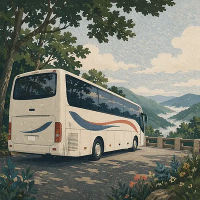 White Tour Bus at Mountain Overlook