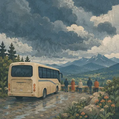Tour Bus at Mountain Scenic Overlook